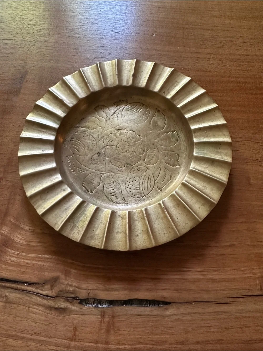 Vintage Sarna Brass Ashtray with Floral Etching and Scalloped Edge